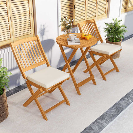 3-Piece Folding Bistro Set – Acacia Wood, Beige Cushions