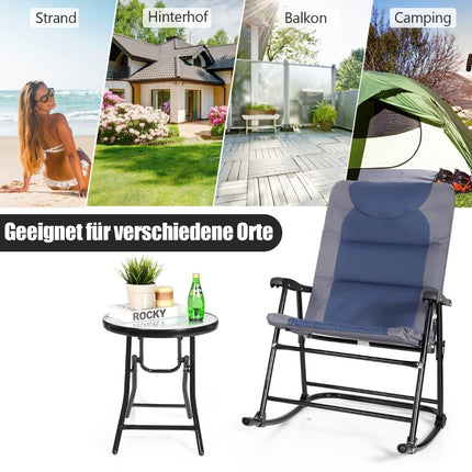 3 Piece Folding Bistro Set Outdoor Rocking Chairs with Table Blue + Gray