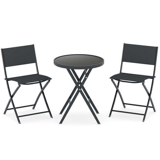 3-Piece Folding Bistro Set with Glass Table – Black