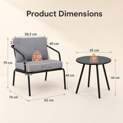 3-Piece Grey Patio Set with Metal Frame & Cushions