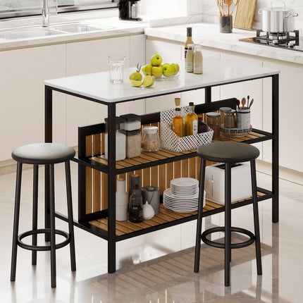 3-Piece Marble Dining Set with Storage and Bar Stools