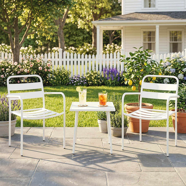 3-Piece Metal Patio Bistro Set with Glass Table, White
