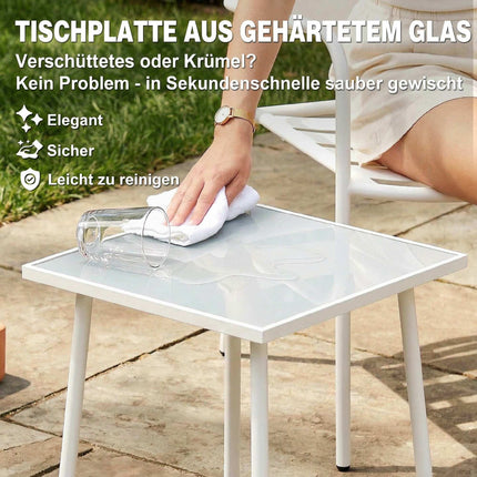 3-Piece Metal Patio Bistro Set with Glass Table, White