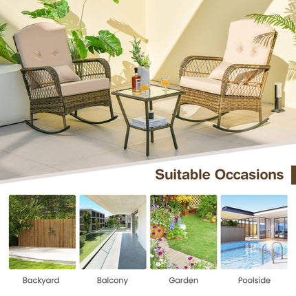 3-Piece Outdoor Rattan Rocking Set, Glass Side Table