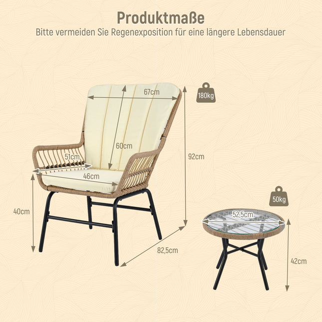 3-Piece PE Rattan Patio Set with Cushions, Beige