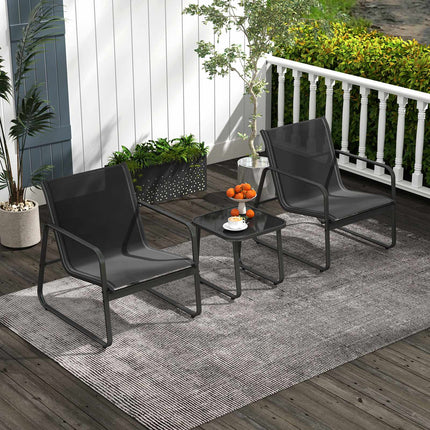 3-Piece Patio Furniture Set, Textilene, Glass Table, Black