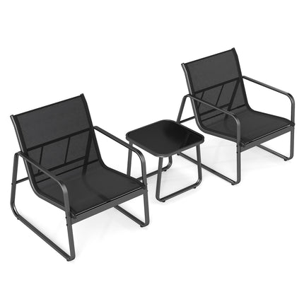 3-Piece Patio Furniture Set, Textilene, Glass Table, Black