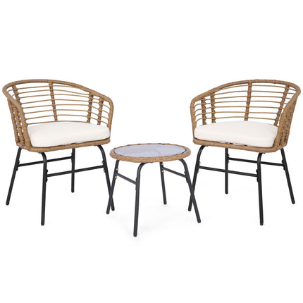 3-Piece Patio Set, White Cushions, Rattan & Glass