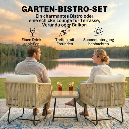 3-Piece Rattan Bistro Set with Cushions and Wood Table