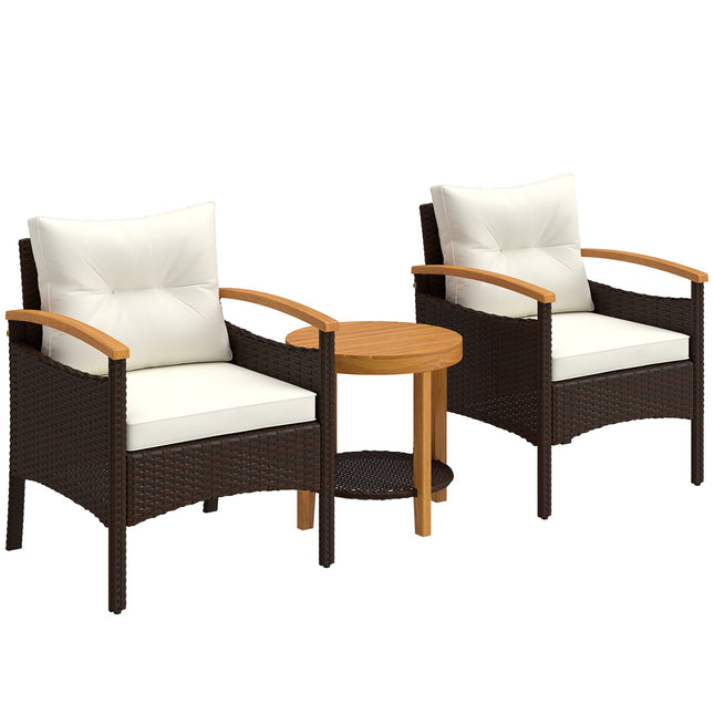 3-Piece Rattan Bistro Set with Cushions and Wood Table