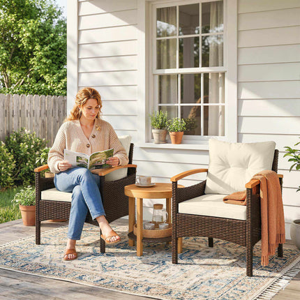 3-Piece Rattan Bistro Set with Cushions and Wood Table