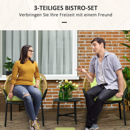 Rattan garden set: 2 chairs and table, cushions included
