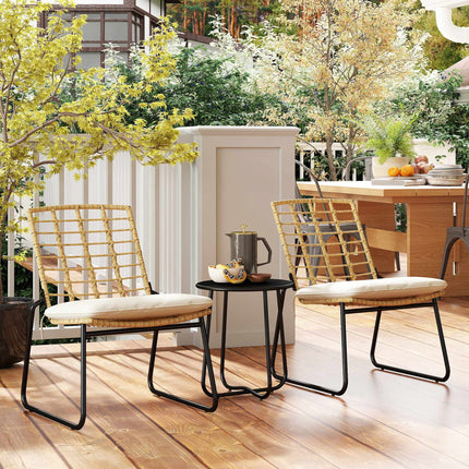 3-Piece Rattan Patio Set, 2 Chairs, 1 Metal Table, Cushions