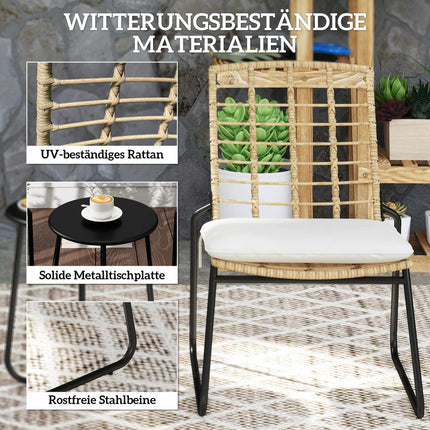 3-Piece Rattan Patio Set, 2 Chairs, 1 Metal Table, Cushions