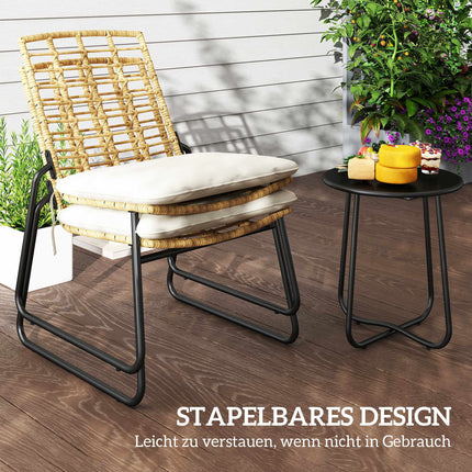 3-Piece Rattan Patio Set, 2 Chairs, 1 Metal Table, Cushions