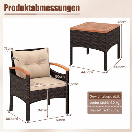 3-Piece Rattan Patio Set with Acacia Table and Cushions
