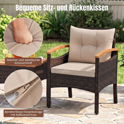 3-Piece Rattan Patio Set with Acacia Table and Cushions