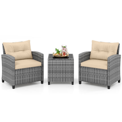 3-Piece Rattan Patio Set with Cushions & Glass Table