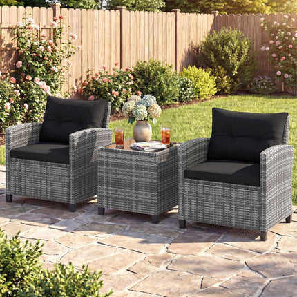3-Piece Rattan Patio Set with Cushions & Glass Table
