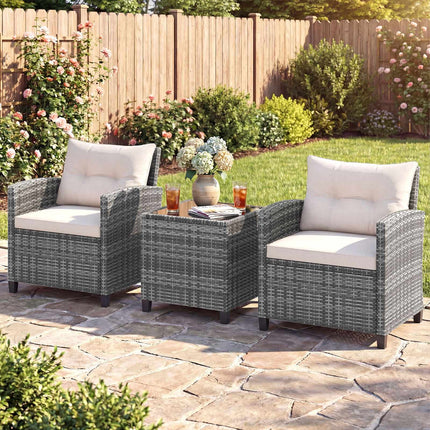 3-Piece Rattan Patio Set with Cushions & Glass Table