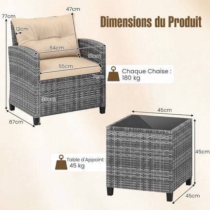 3-Piece Rattan Patio Set with Cushions & Glass Table