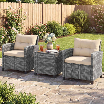 3-Piece Rattan Patio Set with Cushions & Glass Table