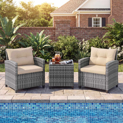 3-Piece Rattan Patio Set with Cushions & Glass Table