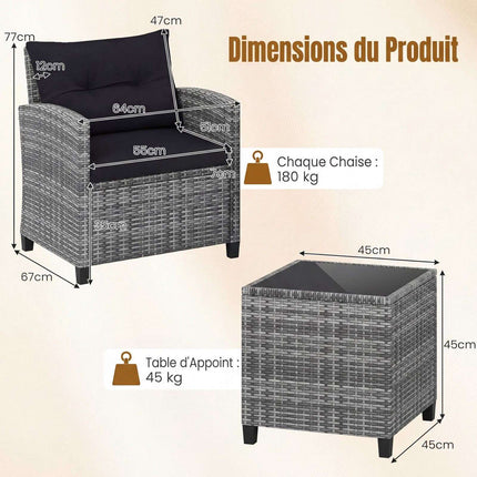 3-Piece Rattan Patio Set with Cushions & Glass Table