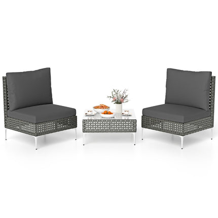 3-Piece Rattan Patio Set with Cushions & Table, Gray