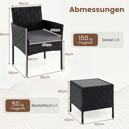 3-Piece Rattan Patio Set with Cushions and Glass Table