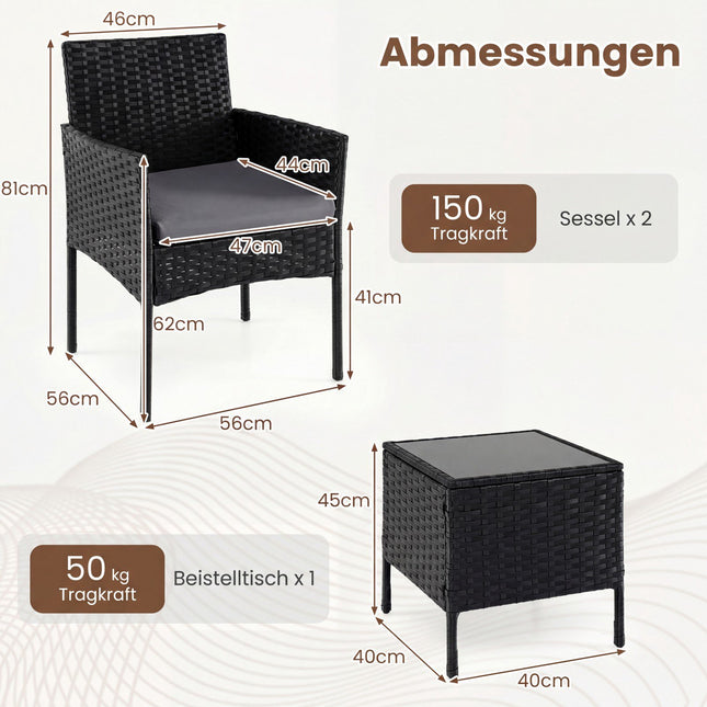 3-Piece Rattan Patio Set with Cushions and Glass Table