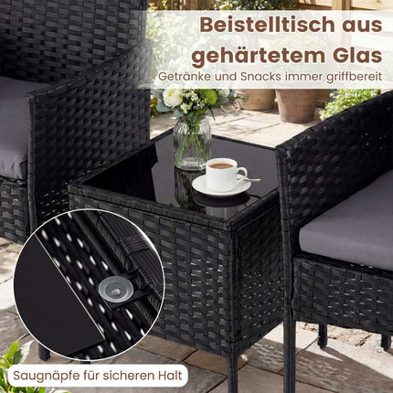 3-Piece Rattan Patio Set with Cushions and Glass Table