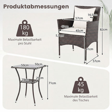 3-Piece Rattan Patio Set with Cushions and Glass Table