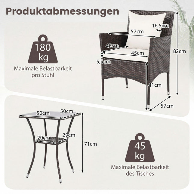 3-Piece Rattan Patio Set with Cushions and Glass Table