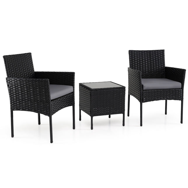 3-Piece Rattan Patio Set with Cushions and Glass Table