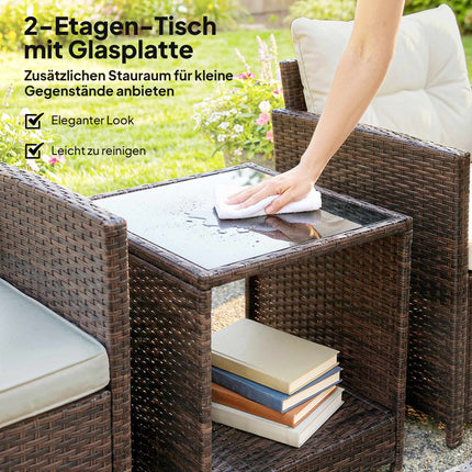 3-Piece Rattan Patio Set with Cushions and Glass Table