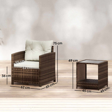 3-Piece Rattan Patio Set with Cushions and Glass Table