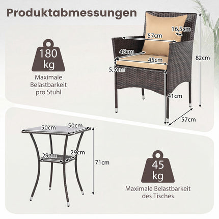 3-Piece Rattan Patio Set with Cushions and Glass Table
