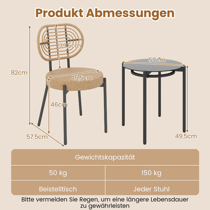 3-Piece Rattan Patio Set with Glass Table, Brown