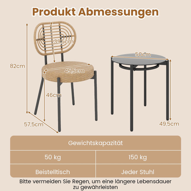 3-Piece Rattan Patio Set with Glass Table, Brown
