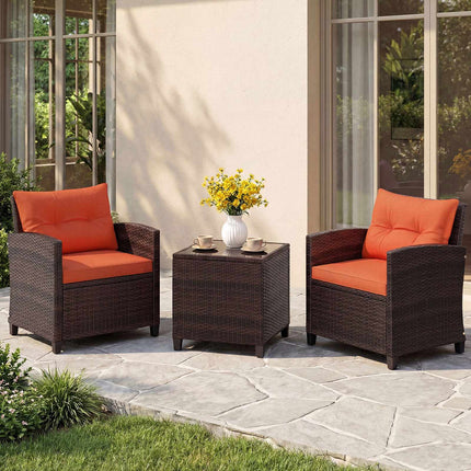 3-Piece Rattan Patio Set with Orange Cushions