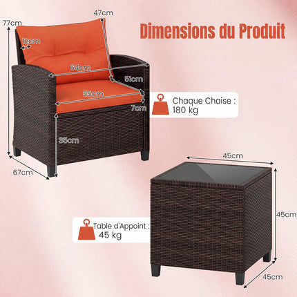 3-Piece Rattan Patio Set with Orange Cushions