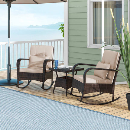 3-Piece Rattan Rocking Chair Set with Glass Table