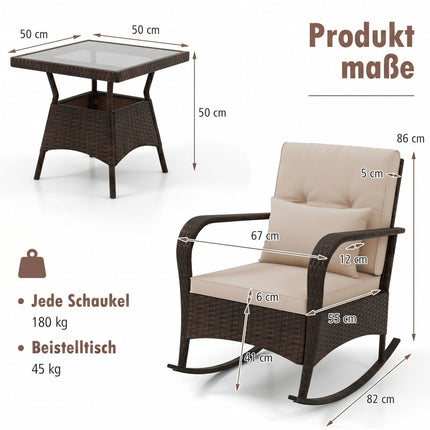 3-Piece Rattan Rocking Chair Set with Glass Table