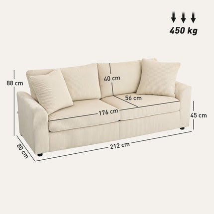 3-Seater Cord Sofa with Cushions, Cream White, 212 cm
