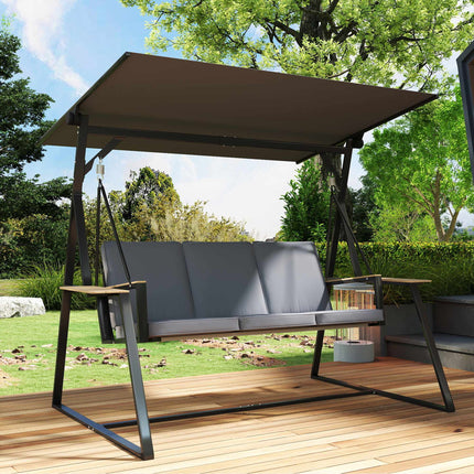 3-Seater Garden Swing with Adjustable Canopy and Trays, Grey