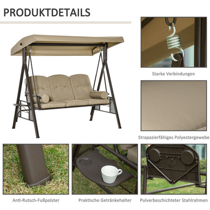 3-seat garden swing with canopy, khaki metal frame