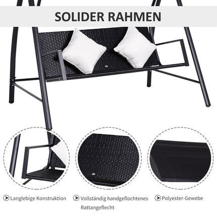 3-seat black poly rattan swing with cushion - 360 kg capacity