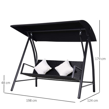3-seat black poly rattan swing with cushion - 360 kg capacity