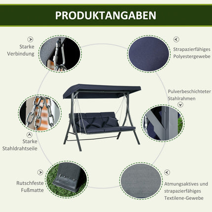 3-seat garden swing, adjustable canopy and cushions, capacity 270 kg